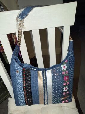 Denim Patchwork Shoulder Bag with Floral Embroidery